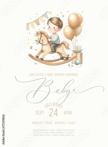 Cute arch baby shower watercolor invitation card for new born celebration with boy and girl on a toy rocking horse with balloons.