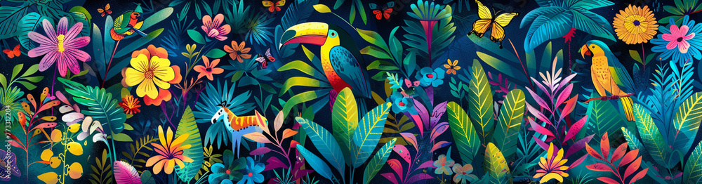 A colorful jungle scene teeming with wildlife A colorful jungle scene teeming with wildlife