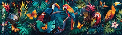 A colorful jungle scene teeming with wildlife