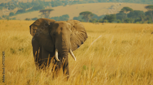 Elephant in Savanna, Elephant Roaming the Golden Savanna, Elephant in Natural Habitat