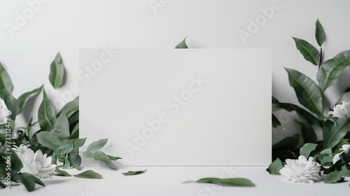 A blank white canvas surrounded by green leaves and white flowers on a plain background