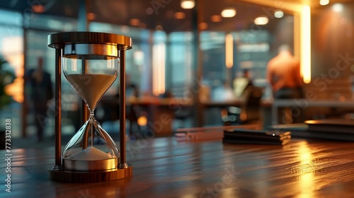 Hourglass on desk in modern office, time management concept at work