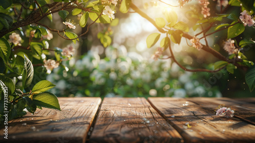 Springtime garden with wooden table. Beautiful simple AI generated image in 4K, unique. photo