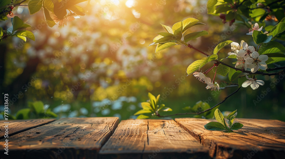 an outdoor picnic table with green leaf background,. Beautiful simple AI generated image in 4K, unique. - obrazy, fototapety, plakaty 
