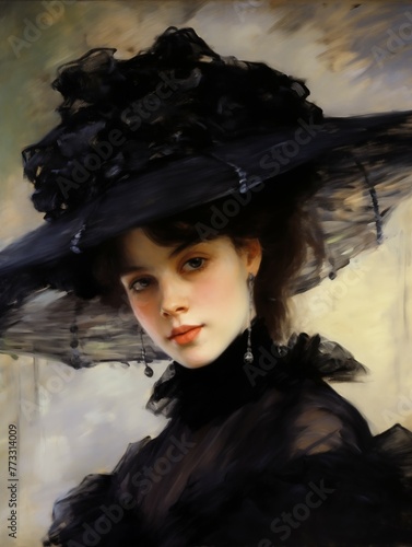 painting of a woman in a big black hat