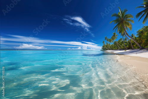 Tropical exotic sunny sand beach with palms and clear blue water.