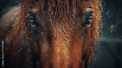  A tight shot of a brown horse's face, covered in snowfall that dusts its fur, and captures the expression in its eyes