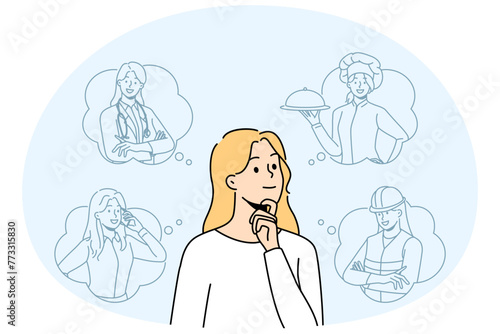 Smiling woman with occupations in speech bubbles think of career option. Happy girl decide choose profession. Vector illustration.