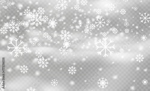 Christmas snow flake pattern. Snowfall, snowflakes in different shapes and forms. Many white cold flakes elements on transparent background. Magic white snowfall texture.