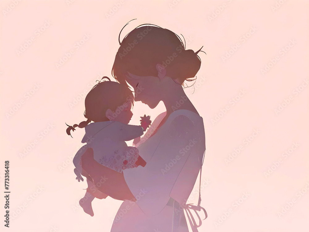 Lofi animation. Silhouette of a mom and daughter who will hug on a pastel pink background with copy space area, cartoon anime. Suitable for Happy Mother's Day.