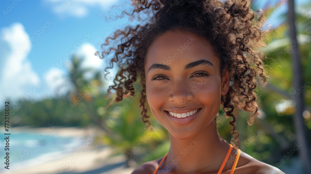 Black afro young cute girl, curly hair, bikini, beach. Afro American summer vacation holiday. Black afro young cute girl, curly hair, bikini, beach. Afro American summer vacation holiday.