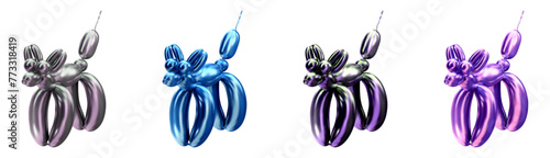 Set of multi colored ballon dog in 3D style. Vector illustration of a pouting toy in chrome tones.