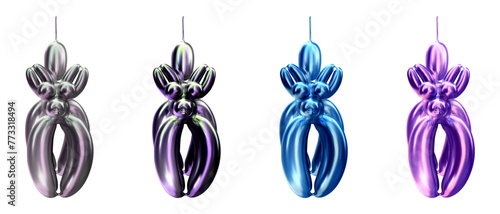 Set of multi colored ballon dog in 3D style. Vector illustration of a pouting toy in chrome tones.