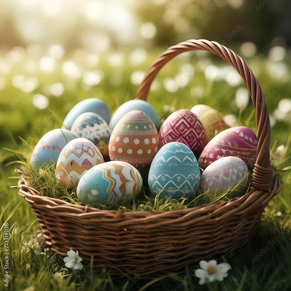 A basket of colorful, intricately designed Easter eggs nestled in green grass A basket of colorful, intricately designed Easter eggs nestled in green grass