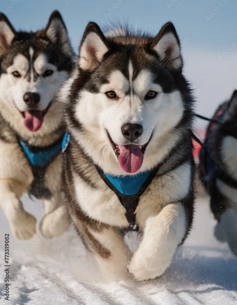 front view at four siberian huskys at race in winter