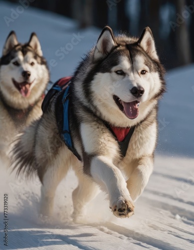 front view at four siberian huskys at race in winter © Алексей Ковалев
