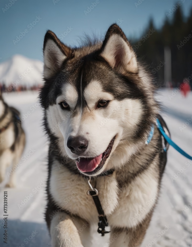 front view at four siberian huskys at race in winter