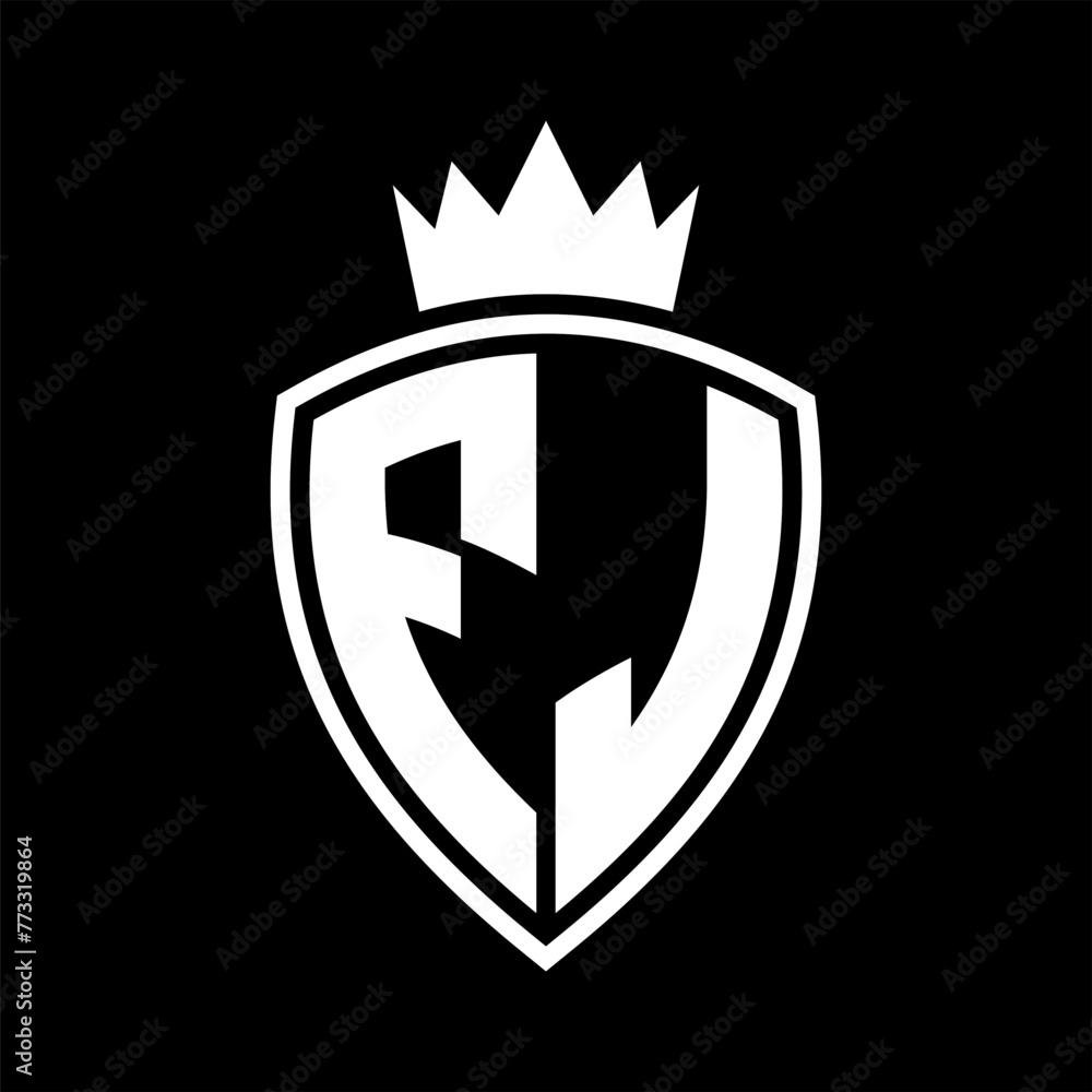 FJ Letter monogram shield and crown outline shape with black and white color design FJ Letter monogram shield and crown outline shape with black and white color design