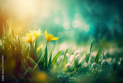 Sunny spring season flower meadow copy space illustration background.