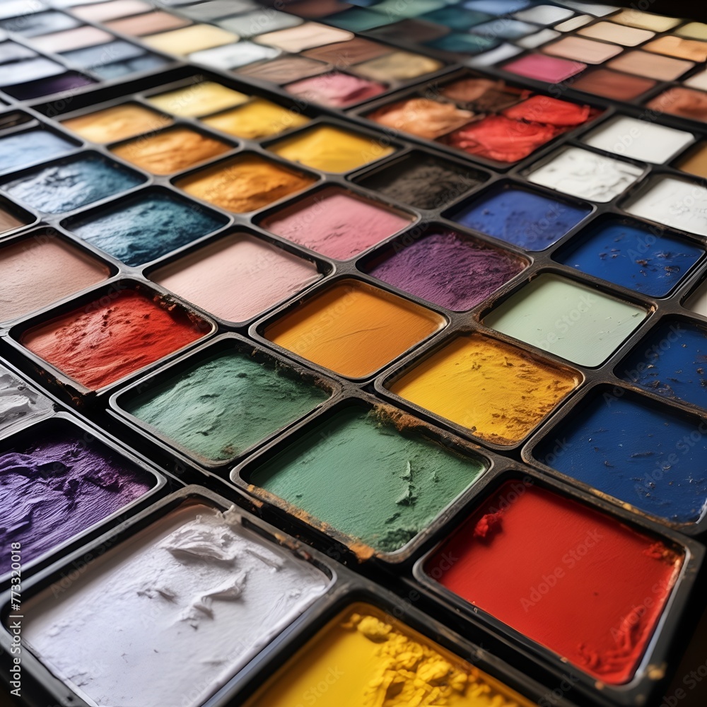 Vibrant array of well-used watercolor paints showcasing a diverse palette of colors Vibrant array of well-used watercolor paints showcasing a diverse palette of colors