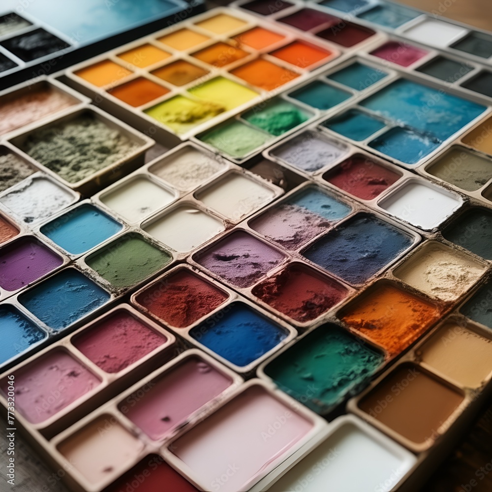 Vibrant array of well-used watercolor paints showcasing a diverse palette of colors Vibrant array of well-used watercolor paints showcasing a diverse palette of colors