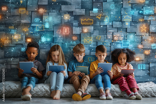 Concept art depicting children engaging in digital literacy and online safety programs, empowering them to navigate the digital world responsibly and safely.