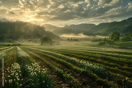 A serene countryside scene where morning mist caresses lush garlic fields  creating an enchanting ambiance of tranquility and abundance.