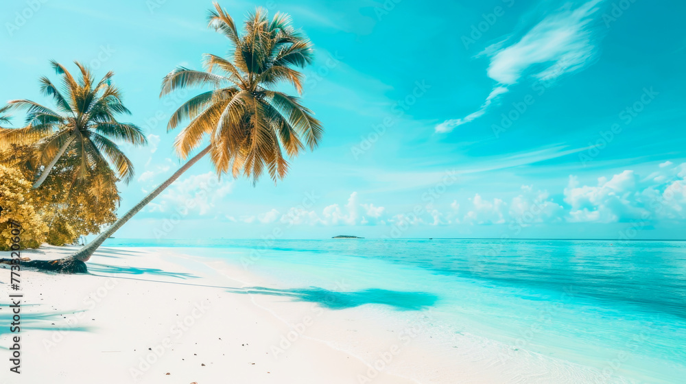 Beautiful tropical Maldives island with beach , sea , and coconut palm tree on blue sky for nature holiday vacation background concept