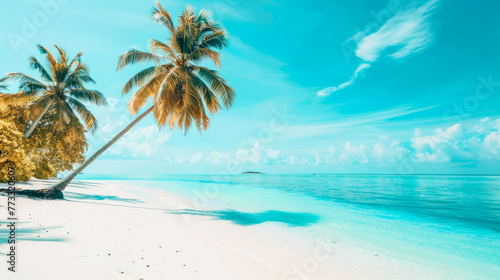 Beautiful tropical Maldives island with beach   sea   and coconut palm tree on blue sky for nature holiday vacation background concept