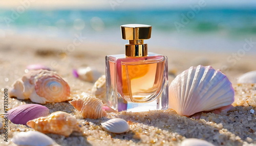 Perfume bottle mockup on sand on beach, elegance perfumery