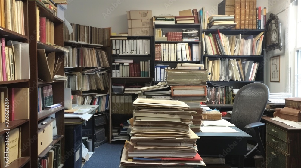 Stacks of supplies and paperwork in the office and bookshelves Stacks of supplies and paperwork in the office and bookshelves