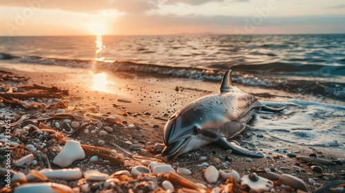 Environment and wildlife  dead young dolphin on the sea shore. Earth wildlife  environmental pollution  ecological catastrophe. Dead animal