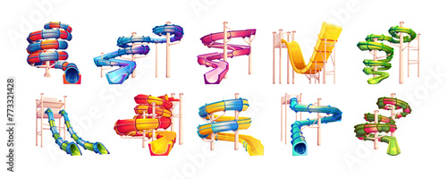 Waterslide and tubes color vector icon big set. Slides of different shape at aquapark illustration pack isolated on white background