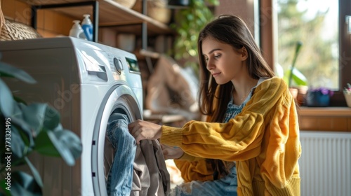 Side view of young woman putting clothes in washing machine at home © romanets_v