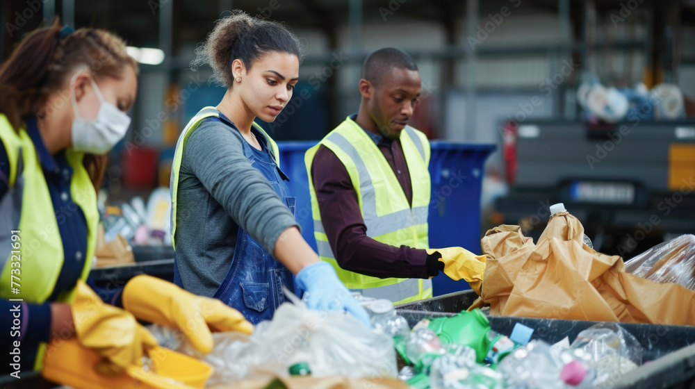 Obraz premium Interracial sorters in protective gloves and safety vests taking plastic containers from sacks while sorting trash together in waste disposal station, garbage sorting and recycling concept