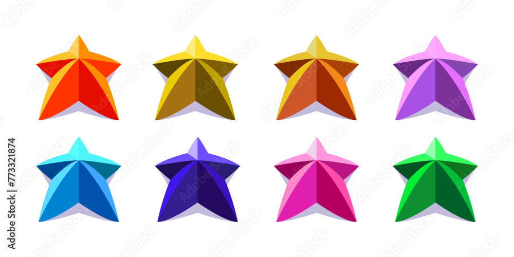 Colorful 3d perspective stars set with light and shadows. Orange, yellow, brown, purple, blue, cyan, pink and green. Colorful 3d perspective stars set with light and shadows. Orange, yellow, brown, purple, blue, cyan, pink and green.
