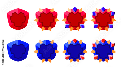 Red and blue badge shields with gemstones. Perfect for games.