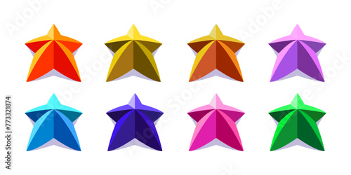 Colorful 3d perspective stars set with light and shadows. Orange, yellow, brown, purple, blue, cyan, pink and green.