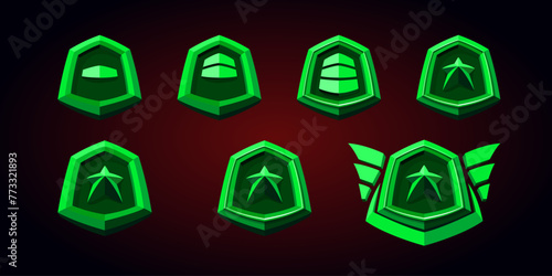 Green level game badges with patent and stars set. 3d effect and flat design.