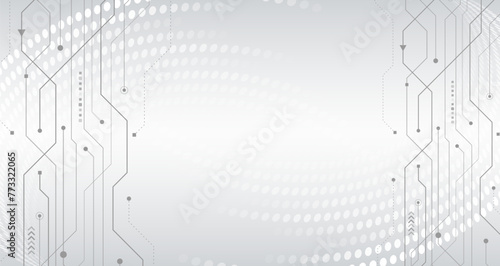 Sci-fi gray background with various technology elements. Science concept, circles with shadows and circuit board. Abstract hi tech communication for presentation or banner. photo