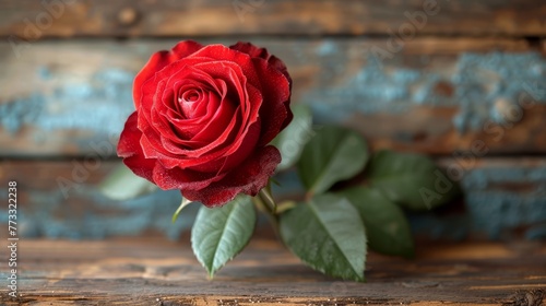  A solitary red rose atop a weathered wooden table, before a blue-painted wall of wood planks