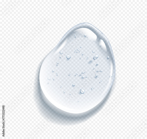 Hyaluronic acid drop with bubbles realistic vector illustration. Cosmetic serum smear. Luxury skincare product 3d object on transparent background