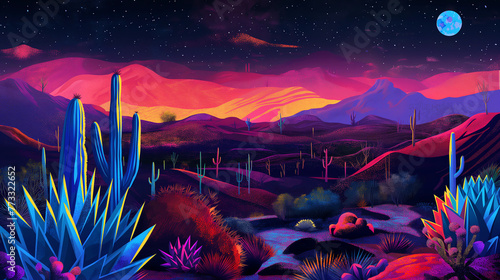 Modern flat illustration of Sonoran desert cactuses at night