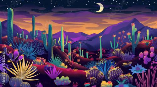 Modern flat illustration of Sonoran desert cactuses at night photo