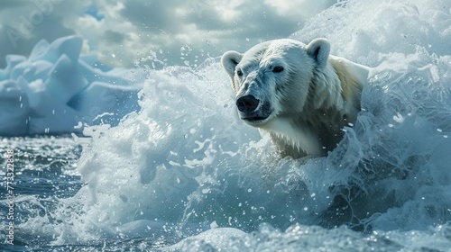 A white polar bear emerging from the water
