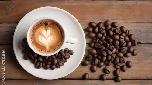 A cup of cappuchino coffee and coffee beans on wooden table,top view.