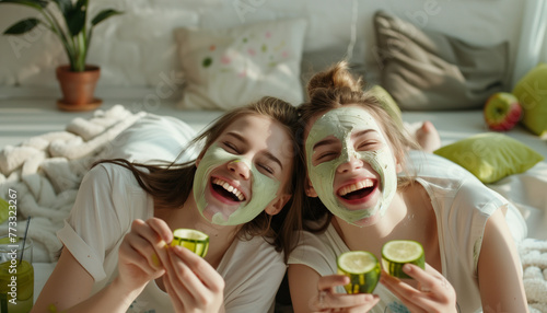 Two girls with homemade face beauty masks. Cucumber mask for face skin freshness. Women take care of youthful skin. Best friends laugh at home.