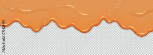 Caramel drip flow. Oil, honey, caramel, maple syrup or sauce splash wave, Liquid texture with droplet, isolated on transparent background. Vector 3D illustration