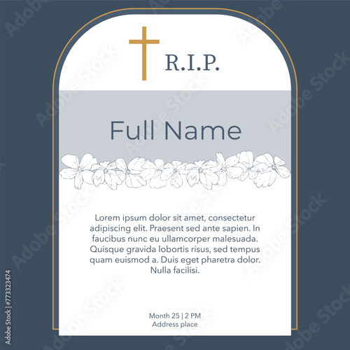 card template with blue flowers illustration and golden cross