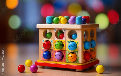 Colorful wooden toy with multiple balls of varying sizes and colors scattered around